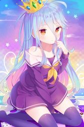 Rule 34 | 10s, 1girl, blue hair, blush, card, checkered floor, crown, floor, hitsukuya, long hair, looking at viewer, no game no life, off shoulder, playing card, purple thighhighs, red eyes, school uniform, serafuku, shiro (no game no life), solo, thighhighs, zettai ryouiki