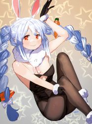 Rule 34 | 1girl, animal ears, bare shoulders, black gloves, black leotard, blue hair, blush, braid, brown pantyhose, carrot hair ornament, closed mouth, don-chan (usada pekora), feet out of frame, food-themed hair ornament, fur-trimmed gloves, fur trim, gloves, hair ornament, hand up, highres, hololive, leotard, long hair, looking at viewer, orange eyes, oversized breast cup, pantyhose, playboy bunny, rabbit ears, rabbit girl, rabbit pose, ryusei hashida, sidelocks, signature, smile, solo, strapless, strapless leotard, twin braids, twintails, usada pekora, usada pekora (1st costume), very long hair, virtual youtuber, wavy mouth