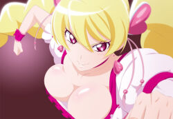 Rule 34 | 1girl, blonde hair, breasts, choker, cleavage, closed mouth, collarbone, cure peach, downblouse, earrings, fresh precure!, fuchi (nightmare), hair ornament, heart, heart earrings, heart hair ornament, jewelry, large breasts, long hair, magical girl, momozono love, pink choker, pink eyes, precure, puffy short sleeves, puffy sleeves, shirt, short sleeves, solo, twintails, upper body, white shirt, wrist cuffs