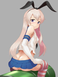 Rule 34 | 10s, 1girl, admiral (kancolle), ass, bad id, bad pixiv id, barrel, blue eyes, blue skirt, blush, butt crack, drum (container), elbow gloves, gloves, grey background, hairband, highres, kantai collection, long hair, looking at viewer, looking back, no panties, purple eyes, pussy, raseruta, shimakaze (kancolle), simple background, sitting, skirt, solo, straddling, striped clothes, striped thighhighs, thighhighs, uncensored, white gloves, white hair