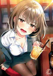 Rule 34 | 1girl, alcohol, black pantyhose, blush, bottle, breasts, brown eyes, cleavage, collarbone, commentary request, cup, drinking straw, drunk, holding, holding cup, jacket, light brown hair, long sleeves, looking at viewer, office lady, open mouth, original, pantyhose, round teeth, shirt, short hair, sitting, skirt, solo, teeth, tsukana (saba mizore), white shirt
