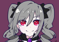 Rule 34 | 1girl, black bow, black dress, bow, brooch, close-up, closed mouth, collared dress, commentary, dress, drill hair, gem, grey hair, hair bow, idolmaster, idolmaster cinderella girls, jewelry, kanzaki ranko, oofushi ao, portrait, purple background, purple gemstone, red eyes, signature, simple background, smile, solo, straight-on, twintails, upper body, wavy hair