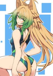Rule 34 | 1girl, ahoge, animal ear fluff, animal ears, apple, ass, atalanta (fate), backless outfit, bare shoulders, between legs, blonde hair, blush, breasts, cat ears, cat tail, competition swimsuit, fate/apocrypha, fate/grand order, fate (series), food, from behind, fruit, golden apple, green eyes, green hair, long hair, looking at viewer, looking back, medium breasts, multicolored hair, nahu, one-piece swimsuit, solo, swimsuit, tail