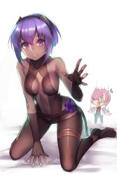 Rule 34 | 0 0, 2girls, ^^^, ankle wrap, arm support, arms at sides, bare shoulders, belt, black dress, black gloves, black hairband, black legwear, blank eyes, breasts, center opening, chibi, chibi inset, collarbone, dark-skinned female, dark skin, dress, fate/grand order, fate/prototype, fate/prototype: fragments of blue and silver, fate (series), glasses, gloves, hair between eyes, hair over one eye, hairband, hassan of serenity (fate), highres, hrtyuk, kneeling, looking at viewer, mash kyrielight, medium breasts, multiple girls, necktie, no shoes, one eye covered, open hand, open mouth, pantyhose, parted lips, purple eyes, purple hair, reaching, red necktie, shiny clothes, short dress, sideboob, skin tight, solo focus, spread fingers, standing, stomach, surprised, thigh strap, toeless legwear, toes, white background