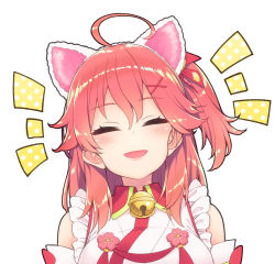Rule 34 | 1girl, ahoge, animal ears, bare shoulders, bell, cat ears, closed eyes, frills, hair ornament, hair over shoulder, hairclip, hakui ami, highres, hololive, long hair, open mouth, pink hair, sakura miko, sakura miko (1st costume), solo, virtual youtuber, white background, x hair ornament