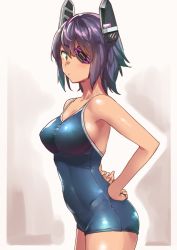 Rule 34 | 1girl, blush, breasts, eyepatch, headgear, kantai collection, large breasts, looking at viewer, one-piece swimsuit, purple hair, school swimsuit, shiden (sashimi no wife), short hair, sideboob, simple background, solo, standing, swimsuit, tenryuu (kancolle), yellow eyes