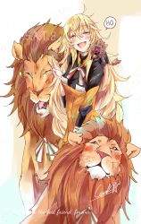 Rule 34 | 1girl, absurdres, animal, animal ears, blonde hair, closed mouth, cocoka, commentary request, dinergate (girls&#039; frontline), fang, girls&#039; frontline, green eyes, hair between eyes, hairband, highres, lion, lion ears, lion mane, lion tail, long hair, looking at viewer, messy hair, open mouth, red eyes, s.a.t.8 (girls&#039; frontline), sidelocks, smile, tail, v, very long hair