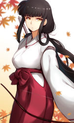 Rule 34 | 1girl, arrow (projectile), black hair, blunt bangs, bow (weapon), from side, hakama, hakama skirt, holding, holding weapon, inuyasha, japanese clothes, kikyou (inuyasha), kimono, kurowa, leaf, long hair, looking at viewer, low ponytail, maple leaf, miko, ponytail, quiver, skirt, solo, weapon
