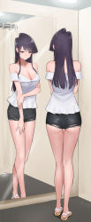 Rule 34 | 1girl, absurdres, ass, back, bare shoulders, black eyes, black hair, black shorts, breasts, cleavage, commentary, curtains, english commentary, fitting room, full body, highres, komi-san wa komyushou desu, komi shouko, large breasts, legs, long hair, looking down, mirror, multiple views, off-shoulder shirt, off shoulder, purple hair, reflection, sandals, shirt, short shorts, shorts, straight hair, sweatdrop, takita (takita3411), thighs, torn clothes, torn shorts, white shirt