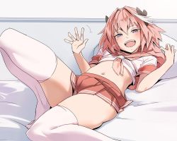 Rule 34 | 1boy, astolfo (fate), astolfo (sailor paladin) (fate), blush, braid, fang, fate/apocrypha, fate/grand order, fate (series), hair intakes, hair ribbon, kawaty, knee up, long hair, looking at viewer, lying, male focus, midriff, navel, official alternate costume, on back, on bed, open mouth, pink hair, pleated skirt, purple eyes, ribbon, sailor collar, school uniform, serafuku, single braid, skirt, smile, solo, teeth, thighhighs, trap, waving, white thighhighs