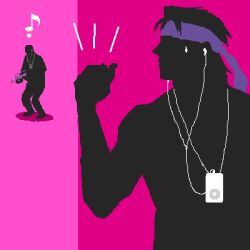 Rule 34 | 2boys, apple inc., digital media player, earphones, headband, ipod, ipod ad, limited palette, lowres, metal gear (series), metal gear solid, multiple boys, music, musical note, parody, pink background, silhouette, solid snake, sweatdrop, two-tone background
