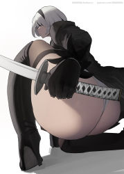Rule 34 | 1girl, ass, ass focus, black blindfold, blindfold, boots, feather-trimmed sleeves, hairband, high heel boots, high heels, highres, huge ass, juliet sleeves, katana, long sleeves, mmmmmkun, nier:automata, nier (series), puffy sleeves, short hair, solo, sword, thick thighs, thigh boots, thighhighs, thighhighs under boots, thighs, weapon, white background, white hair, 2b (nier:automata)