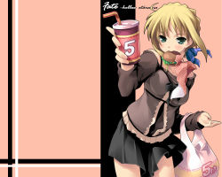 Rule 34 | 00s, 1girl, artoria pendragon (all), artoria pendragon (fate), bag, blonde hair, burger, cowboy shot, cup, drinking glass, fate/hollow ataraxia, fate/stay night, fate (series), food, green eyes, grocery bag, hair ribbon, holding, jacket, kantoku, long sleeves, looking at viewer, mouth hold, official alternate costume, ribbon, saber (fate), shopping bag, skirt, solo, standing