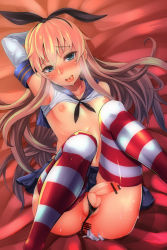 Rule 34 | 1boy, bad id, bad pixiv id, black panties, censored, clothing aside, colored eyelashes, cosplay, crossdressing, elbow gloves, gloves, hairband, highres, kantai collection, long hair, looking at viewer, male focus, morochin (mo loss an), panties, panties aside, penis, shimakaze-kun, shimakaze (kancolle), shimakaze (kancolle) (cosplay), shimakaze (kantai collection), skirt, striped clothes, striped legwear, striped thighhighs, thighhighs, torogao, trap, underwear, white gloves