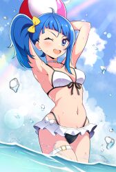 Rule 34 | 1girl, armpits, arms behind head, arms up, ball, beachball, bikini, blue eyes, blue hair, blue sky, bow, breasts, choker, cloud, cloudy sky, commentary, cowboy shot, cut bangs, day, front-tie bikini top, front-tie top, hair bow, highres, hirogaru sky! precure, holding, holding ball, kaatsu katsurou, lens flare, long hair, looking at viewer, medium hair, multi-strapped bikini bottom, navel, one eye closed, open mouth, outdoors, precure, rainbow, single sidelock, sky, small breasts, smile, solo, sora harewataru, standing, swimsuit, thigh strap, wading, water, water drop, wet, white choker, yellow bow