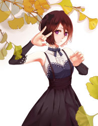 Rule 34 | 1girl, arm up, armpits, bare shoulders, black hair, bleach, bow, bowtie, breasts, commentary, detached sleeves, dress, hair between eyes, highres, jelly (20095071), kuchiki rukia, lolita fashion, plant, purple eyes, short hair, simple background, small breasts, solo, standing, white background
