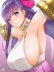 Rule 34 | 10s, 1girl, armpits, bad id, bad pixiv id, bare shoulders, belt collar, bow, breasts, collar, elbow gloves, fate/extra, fate/extra ccc, fate/grand order, fate (series), gloves, hair bow, highres, huge breasts, large breasts, looking at viewer, o-ring, parted lips, passionlip (fate), passionlip (third ascension) (fate), pink bow, purple eyes, purple hair, ramchi, sideboob, signature, solo, white gloves