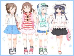 Rule 34 | 10s, 4girls, akatsuki (kancolle), alternate costume, backpack, bag, baseball cap, black hair, blouse, blue eyes, blue hair, bracelet, brown hair, casual, closed eyes, commentary request, contemporary, denim, denim shorts, earrings, english text, unworn eyewear, failure penguin, fang, folded ponytail, food, food on face, frilled shirt, frills, glasses, gomennasai, hair ornament, hairclip, hand on own chest, handbag, hat, heart, heart-shaped eyewear, heart-shaped sunglasses, hibiki (kancolle), holding, holding food, ice cream, ice cream cone, ikazuchi (kancolle), inazuma (kancolle), index finger raised, jewelry, kantai collection, long hair, miss cloud, multiple girls, open mouth, polka dot, polka dot skirt, purple hair, sandals, shirt, shoes, shorts, sidelocks, sketch, skirt, sleeveless, sleeveless shirt, smile, sneakers, star (symbol), sunglasses, t-shirt, text focus, translation request
