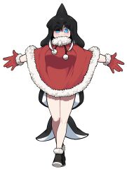 Rule 34 | 1girl, absurdres, black footwear, black hair, blue eyes, breasts, cloak, closed mouth, commentary, crossed ankles, crossed legs, english commentary, eyes visible through hair, fur-trimmed cloak, fur-trimmed gloves, fur trim, gloves, hair over one eye, highres, long hair, medium breasts, min lona, original, oruka (min lona), pom pom (clothes), red cloak, red gloves, shoes, short eyebrows, simple background, smile, solo, standing, thick eyebrows, very long hair, watson cross, white background