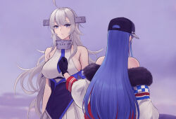 Rule 34 | 2girls, bare shoulders, baseball cap, black gloves, blue hair, blue necktie, breasts, clenched hand, commentary request, fur-trimmed jacket, fur trim, gloves, grey hair, hair between eyes, hand on another&#039;s chest, hat, headgear, highres, jacket, kantai collection, large breasts, long hair, multicolored hair, multiple girls, necktie, odachu, off shoulder, official alternate costume, parted lips, pleated skirt, red hair, shirt, skirt, sleeveless, sleeveless shirt, south dakota (kancolle), very long hair, washington (kancolle), white hair, white skirt