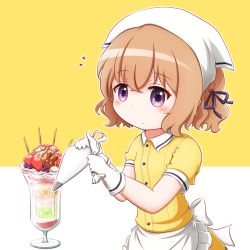 Rule 34 | 1girl, :o, apron, blend s, blush, brown hair, collared shirt, commentary request, food, frilled apron, frills, fruit, gloves, goth risuto, hair between eyes, hair ribbon, head scarf, holding, hoshikawa mafuyu, ice cream, looking at viewer, parfait, parted lips, pastry bag, pocky, purple eyes, purple ribbon, revision, ribbon, shirt, short hair, short sleeves, simple background, skirt, solo, strawberry, tareme, two-tone background, uniform, waist apron, waitress, white apron, white background, white gloves, yellow background, yellow shirt, yellow skirt