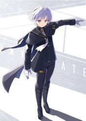 Rule 34 | 1girl, black capelet, black footwear, black jacket, black pants, boots, capelet, closed mouth, commentary, english commentary, gloves, grey eyes, grey hair, highres, jacket, knee boots, looking at viewer, makadamixa, original, outstretched arm, pants, solo, standing, white gloves
