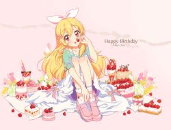 Rule 34 | 1girl, :o, aikatsu!, aikatsu! (series), bike shorts, blonde hair, blouse, blush, bow, cake, character name, commentary request, dress, food, food print, fruit, full body, green shirt, hair bow, happy birthday, head tilt, holding, holding food, holding fruit, hoshimiya ichigo, ice cream, knees up, loafers, long hair, looking at viewer, macaron, name connection, object namesake, open mouth, pink background, pink bow, pink footwear, print socks, purple shorts, red eyes, shirt, shoes, short sleeves, shorts, simple background, sitting, socks, solo, strawberry, strawberry print, sundae, sundress, sweets, tareme, ume (plumblossom), upskirt, very long hair, white dress, white socks