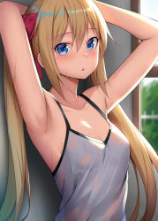 Rule 34 | 1girl, alexmaster, armpits, arms up, blonde hair, blue eyes, blush, breasts, camisole, collarbone, day, duplicate, hair between eyes, highres, indoors, long hair, looking at viewer, original, parted lips, sidelocks, small breasts, solo, sweat, upper body, window