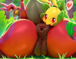 Rule 34 | 2girls, anus, ass, ass grab, biting, blush, cleft of venus, creatures (company), fat mons, female focus, game freak, gen 5 pokemon, heart, huge ass, leavanny, looking back, multiple girls, nintendo, pokemon, pokemon (creature), puckered anus, pussy, red eyes, scolipede, size difference, sunibee, sweat, uncensored, yellow eyes, yuri