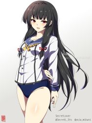 Rule 34 | 1girl, alternate breast size, arms behind back, black hair, blue one-piece swimsuit, blue sailor collar, breasts, commentary request, competition school swimsuit, cowboy shot, hair ribbon, highres, isokaze (kancolle), kantai collection, long hair, long sleeves, looking at viewer, one-piece swimsuit, red eyes, ribbon, sailor collar, sailor shirt, school swimsuit, school uniform, sebunsu, serafuku, shirt, small breasts, solo, standing, swimsuit, swimsuit under clothes, tress ribbon, twitter username
