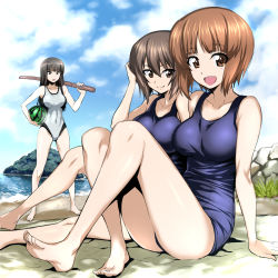 Rule 34 | 10s, 3girls, barefoot, beach, black hair, blue one-piece swimsuit, blue sky, bokken, breasts, brown eyes, brown hair, cloud, competition swimsuit, day, food, fruit, full body, girls und panzer, grey one-piece swimsuit, long hair, looking at viewer, mature female, medium breasts, mother and daughter, multiple girls, nakahira guy, nishizumi maho, nishizumi miho, nishizumi shiho, one-piece swimsuit, outdoors, school swimsuit, short hair, siblings, sisters, sitting, sky, standing, swimsuit, sword, thighs, watermelon, weapon, wooden sword