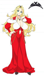 Rule 34 | 1girl, aqua eyes, blonde hair, breasts, cleavage, clothing cutout, dress, full body, fur-trimmed dress, fur trim, hand on own hip, highres, ino (magloid), jewelry, large breasts, long hair, long sleeves, looking at viewer, navel cutout, necklace, original, red dress, simple background, smile, solo, tiara, wavy hair, white background