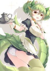 Rule 34 | 1girl, absurdres, apron, dragon tail, duel monster, green hair, highres, kanzakietc, maid, maid headdress, panties, parlor dragonmaid, solo, tail, teapot, thighhighs, tray, underwear, wings, yellow eyes, yu-gi-oh!