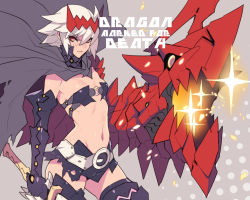 Rule 34 | 1girl, ass, ban! (bansankan), belt, belt buckle, black thighhighs, breasts, buckle, cape, dragon: marked for death, empress (dmfd), facial scar, gauntlets, glowing, holding, holding weapon, looking at viewer, midriff, navel, red eyes, scar, scar on cheek, scar on face, short hair, solo, thighhighs, weapon, white hair