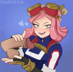 Rule 34 | 1boy, 1girl, animated, animated gif, artist name, blue background, blush, boku no hero academia, breasts, caressing testicles, deareditor, disembodied penis, fingerless gloves, gloves, goggles, goggles on head, handjob, hatsume mei, heart, jacket, lowres, medium hair, open mouth, penis, pink hair, smile, symbol-shaped pupils, testicles, track jacket, uncensored, yellow eyes