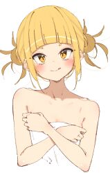 Rule 34 | 1girl, :q, bare shoulders, blonde hair, blunt bangs, blush, boku no hero academia, breasts, close-up, closed mouth, covering privates, covering breasts, crossed arms, double bun, hair bun, hair strand, hair up, hands on own breasts, head tilt, highres, looking at viewer, messy hair, naked towel, rasusurasu, sidelocks, simple background, slit pupils, small breasts, smile, solo, toga himiko, tongue, tongue out, towel, upper body, white background, yellow eyes