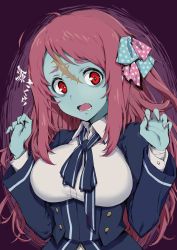 Rule 34 | 1girl, ahoge, bandages, blue skin, breasts, character name, colored skin, frgs, highres, large breasts, minamoto sakura, open mouth, polka dot, polka dot ribbon, red eyes, red hair, ribbon, scar, scar on face, scar on forehead, side ponytail, solo, text focus, translation request, underbust, uniform, zombie, zombie land saga