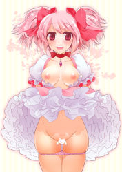 Rule 34 | 10s, 1girl, breasts, bubble skirt, censored, character censor, choker, clothes lift, gloves, groin, hair ribbon, kaname madoka, kyubey, magical girl, mahou shoujo madoka magica, mahou shoujo madoka magica (anime), navel, nipples, novelty censor, open clothes, open mouth, panties, panties around leg, panty pull, pink eyes, pink hair, pink panties, ribbon, school uniform, short hair, short twintails, skindentation, skirt, skirt lift, smile, solo, striped, striped background, twintails, underwear, usamirui, white gloves