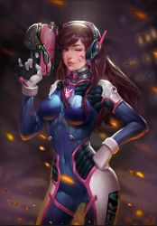 Rule 34 | 1girl, animal print, armor, bodysuit, bracer, breasts, brown eyes, brown hair, charm (object), contrapposto, covered navel, cowboy shot, d.va (overwatch), dong cheng shilang, facepaint, facial mark, gloves, gun, hand on own hip, hand up, handgun, headphones, high collar, holding, holding gun, holding weapon, legs apart, lips, lipstick, long hair, looking at viewer, makeup, medium breasts, one eye closed, overwatch, overwatch 1, parted lips, pauldrons, pilot suit, pink lips, pinky out, rabbit print, ribbed bodysuit, shoulder armor, shoulder pads, smile, solo, standing, thigh strap, turtleneck, weapon, whisker markings, white gloves