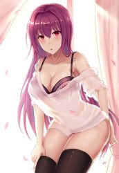 Rule 34 | 1girl, :o, backlighting, bare shoulders, blush, bra, breasts, cherry blossoms, cleavage, collarbone, curtains, enico, fate/grand order, fate (series), hair intakes, highres, large breasts, lingerie, long hair, looking at viewer, loose clothes, loose shirt, off shoulder, panties, purple hair, red eyes, scathach (fate), scathach (fate), see-through, shirt, solo, thighhighs, thighhighs pull, underwear, window