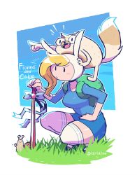 Rule 34 | 1girl, adventure time, backpack, bag, blonde hair, blue shirt, blue skirt, cake (adventure time), cat, closed mouth, fionna campbell, from side, frown, grass, highres, long sleeves, miniskirt, rariatto (ganguri), shirt, skirt, snail, squatting, thighhighs, twitter username, waving, white thighhighs