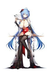 Rule 34 | 1girl, absurdres, ahoge, alternate breast size, bare shoulders, black footwear, black sleeves, black thighhighs, blue hair, blush, breasts, china dress, chinese clothes, cleavage, clothing cutout, detached sleeves, dress, folding fan, full body, ganyu (genshin impact), genshin impact, goat horns, hand fan, highres, horns, kiriko (araragikoyomi), large breasts, long hair, long sleeves, navel, navel cutout, purple eyes, red dress, solo, thighhighs, thighs