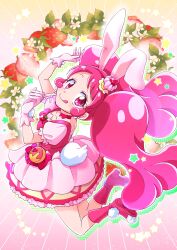 Rule 34 | 1girl, :q, absurdres, animal ears, boots, cake hair ornament, commentary request, cure whip, earrings, food, food-themed hair ornament, fruit, gloves, hair ornament, highres, jewelry, kirakira precure a la mode, long hair, magical girl, pink eyes, pink footwear, pink gloves, pink hair, pom pom (clothes), pom pom earrings, pouch, precure, puffy short sleeves, puffy sleeves, rabbit ears, rabbit tail, sakusakamin, short sleeves, smile, solo, strawberry, tail, tongue, tongue out, twintails, usami ichika