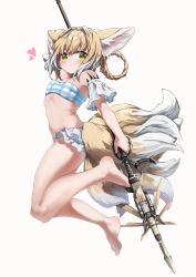 Rule 34 | 1girl, absurdres, animal ear fluff, animal ears, arknights, arm behind head, arm up, bad id, bad pixiv id, bare shoulders, barefoot, bikini, blonde hair, blush, braid, braided hair rings, breasts, closed mouth, commentary request, fox ears, fox girl, fox tail, full body, green eyes, grey background, hair between eyes, hair rings, heart, highres, holding, holding polearm, holding weapon, kitsune, multicolored hair, pan (ryu), plaid, plaid bikini, polearm, simple background, small breasts, smile, solo, spear, strapless, strapless bikini, suzuran (arknights), swimsuit, tail, twisted torso, two-tone hair, weapon, white hair