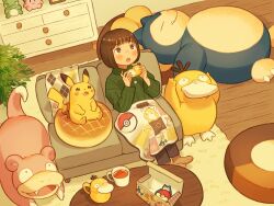 Rule 34 | 1girl, blanket, brown eyes, brown hair, closed eyes, coffee mug, coffee table, commentary request, couch, creatures (company), cup, doughnut, drink, food, game freak, gen 1 pokemon, green sweater, highres, holding, holding food, indoors, long sleeves, lying, medium hair, mug, nintendo, on back, on couch, open mouth, pikachu, plant, pokemon, pokemon (creature), psyduck, rug, sitting, sleeping, slowpoke, snorlax, socks, sumika inagaki, sweater, table, wooden floor