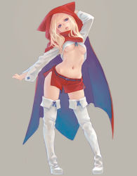 Rule 34 | 1girl, animal hood, belt, blonde hair, boots, breasts, cape, cat hood, grimm&#039;s fairy tales, hood, little red riding hood, little red riding hood (grimm), long hair, midriff, navel, original, shorts, simple background, solo, thigh boots, thighhighs, underboob, weno, zettai ryouiki