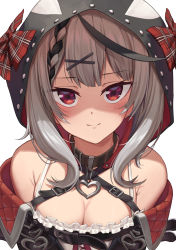 Rule 34 | 1girl, bare shoulders, black collar, black jacket, blush, bow, braid, breasts, camisole, cleavage, closed mouth, collar, commentary, erezu, frilled camisole, frills, grey hair, hair ornament, hairclip, heart, highres, hololive, hood, hood down, jacket, looking at viewer, medium breasts, multicolored hair, off-shoulder jacket, off shoulder, plaid, plaid bow, red bow, red eyes, sakamata chloe, sakamata chloe (1st costume), simple background, smile, solo, streaked hair, upper body, virtual youtuber, white background, white camisole, x hair ornament