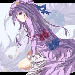 Rule 34 | 1girl, bad id, bad pixiv id, blush, crescent, female focus, hair ribbon, hat, heath41, highres, letterboxed, long hair, patchouli knowledge, purple hair, ribbon, sitting, solo, touhou, very long hair, zoom layer