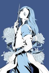 Rule 34 | 1boy, bandaged arm, bandages, blue theme, cowboy shot, expressionless, from side, higashiyama kazuko, holding, holding weapon, long hair, low-tied long hair, male focus, monochrome, solo, luo xiaohei zhanji, very long hair, weapon, wind, wuxian (the legend of luoxiaohei)
