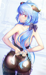 Rule 34 | adjusting clothes, ahoge, apron, ass, back, backless outfit, blue hair, blush, bodystocking, bodysuit, bow, bowtie, breasts, frilled apron, frills, from behind, ganyu (genshin impact), genshin impact, highres, horns, leotard, leotard under clothes, long hair, looking at viewer, low ponytail, nearly naked apron, no gloves, red eyes, sideboob, sleeveless, solo, soramiruku, standing, thigh gap